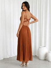 Orange V Neck Regular Straps A Line Maxi Dress with Pleat