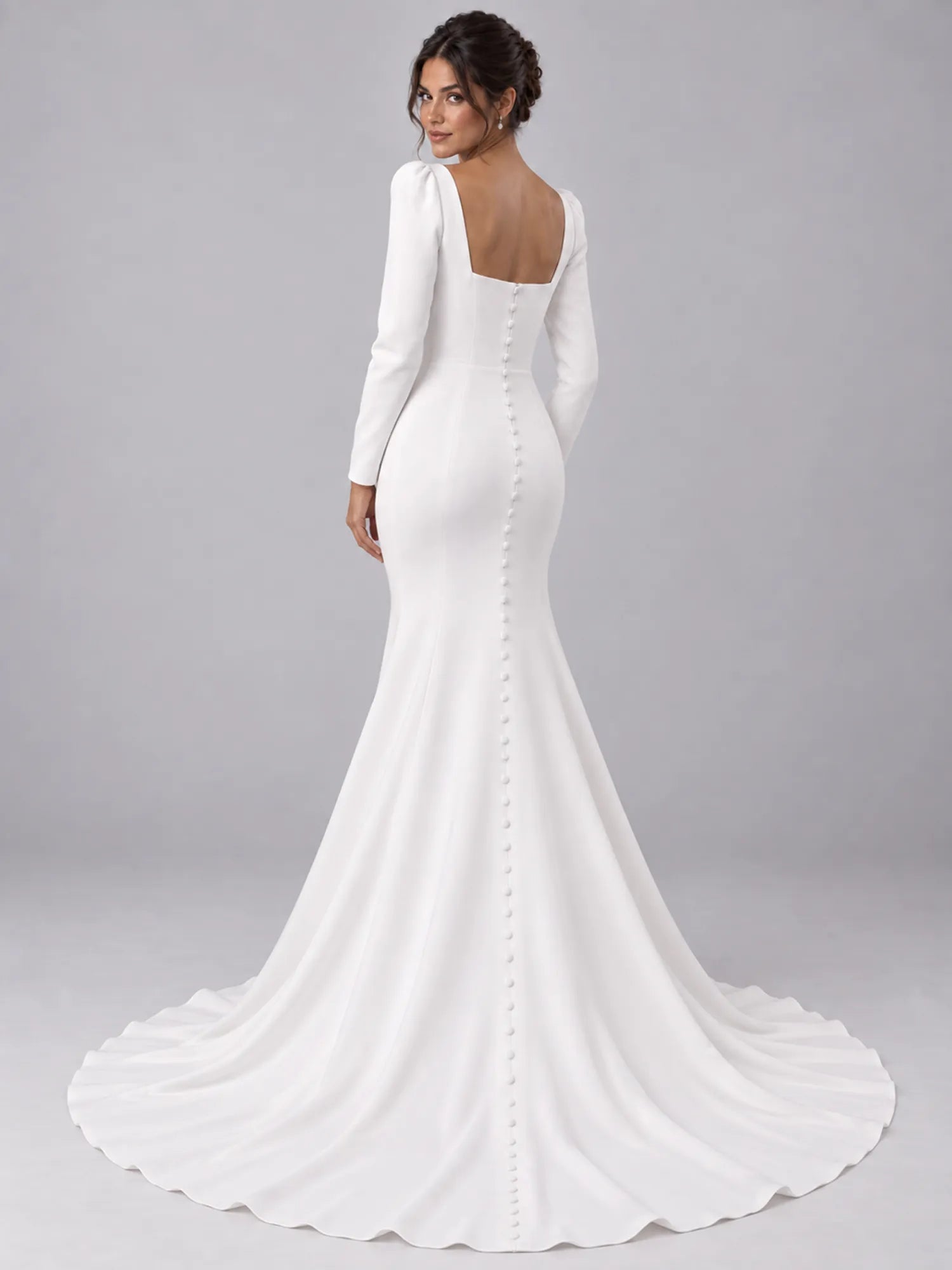 Pure White Square-Neck Long-Sleeve Mermaid Wedding Dress