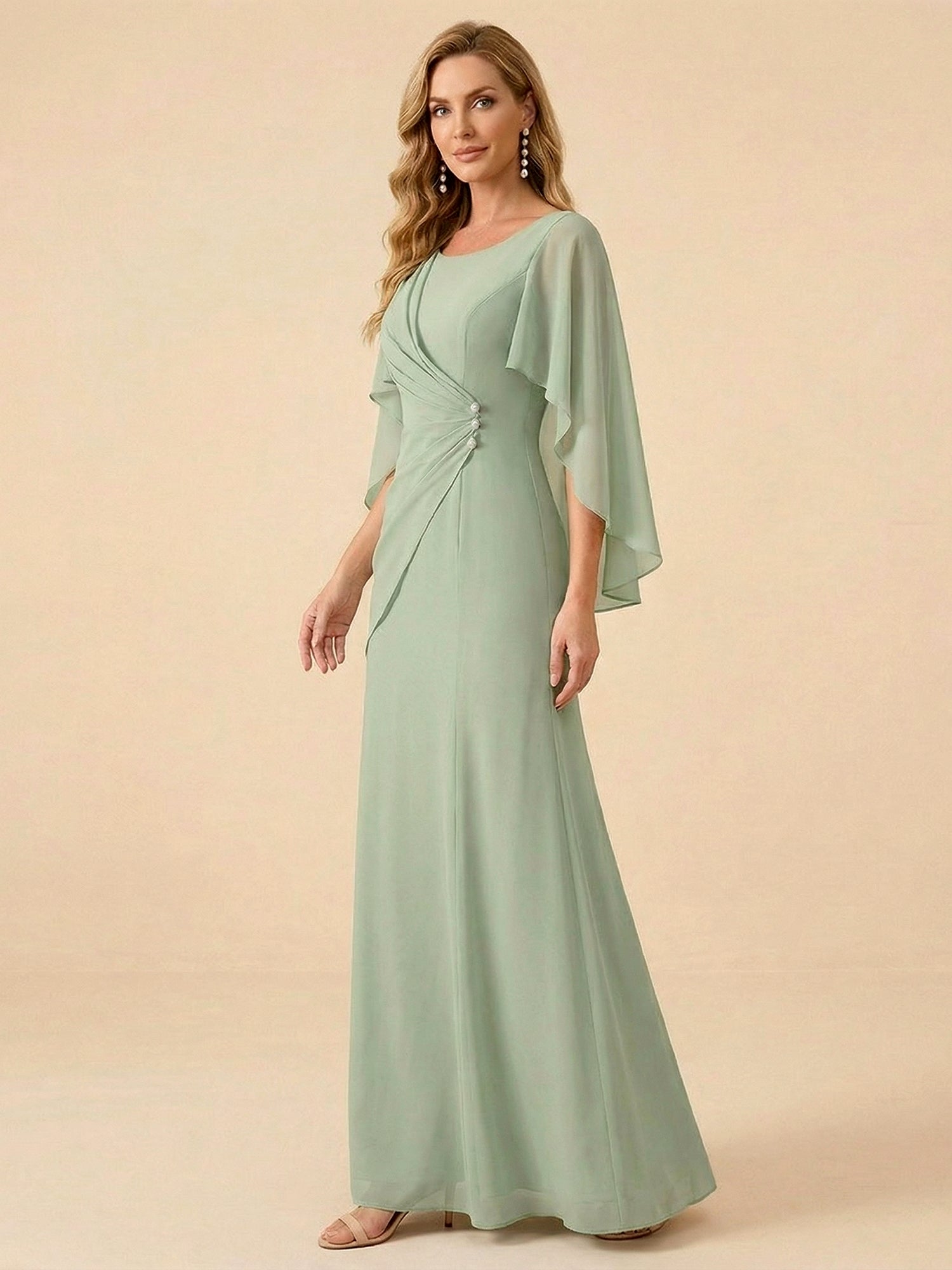 Sage Green Chiffon Beaded Mother of the Bride Dress with Cape Sleeves