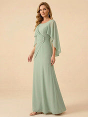 Sage Green Chiffon Beaded Mother of the Bride Dress with Cape Sleeves