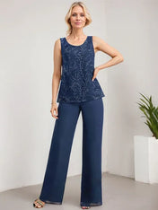 Separates Jumpsuit/Pantsuit Scoop Floor-Length Lace Chiffon Mother of the Bride Dress With Sequins