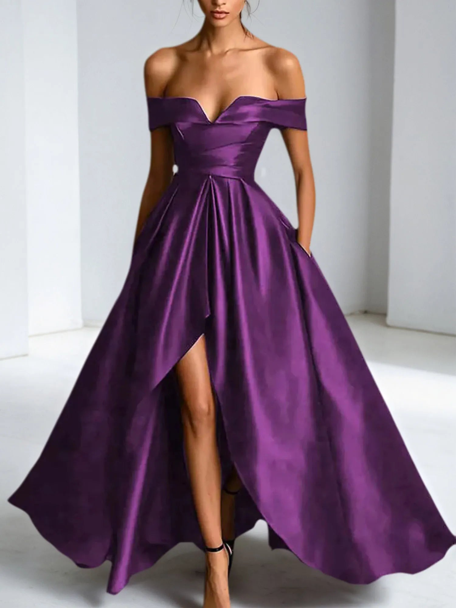 Formal Dress A Line Satin Off The Shoulder Slit Maxi Dress