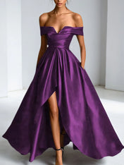 Formal Dress A Line Satin Off The Shoulder Slit Maxi Dress