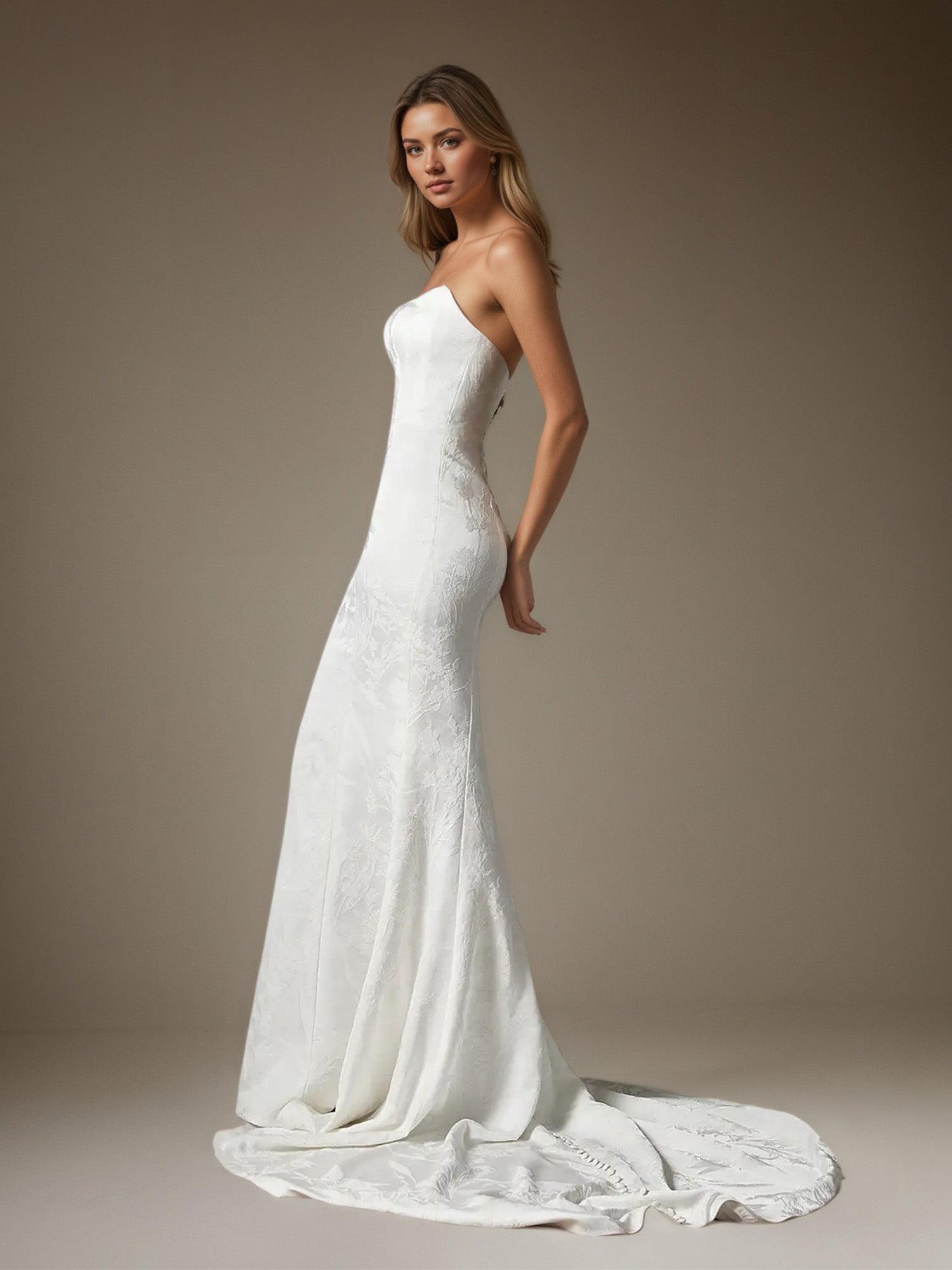 White Mermaid Off The Shoulder Floral Jacquard Wedding Dress