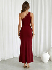 Burgundy One Shoulder Mermaid Hollowed Maxi Dress with Pleat