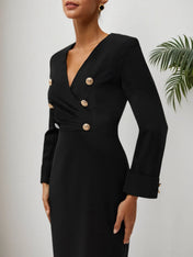 Black Buckle V Neck Long Sleeve Sheath Midi Blazer Dress