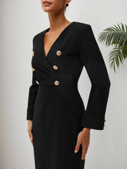 Black Buckle V Neck Long Sleeve Sheath Midi Blazer Dress