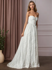 White A-Line Sweetheart Sleeveless Lace Wedding Dress