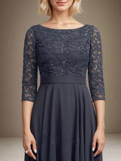 A-line Scoop Tea-Length Lace Chiffon Mother of the Bride Dress With Sequins