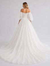 Romantic Off-the-Shoulder Puff Sleeve Glitter Tulle Ball Gown Wedding Dress with Floral Appliqué and Chapel Train