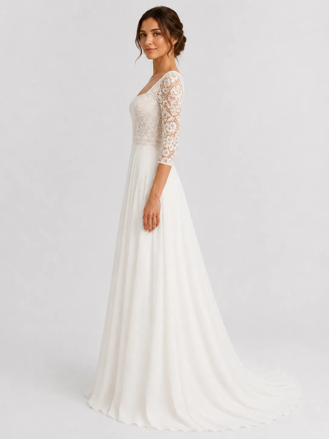 Elegant Square-Neck Lace A-Line Wedding Dress with 3/4 Sleeves and Low Scoop Back