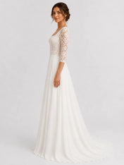 Elegant Square-Neck Lace A-Line Wedding Dress with 3/4 Sleeves and Low Scoop Back