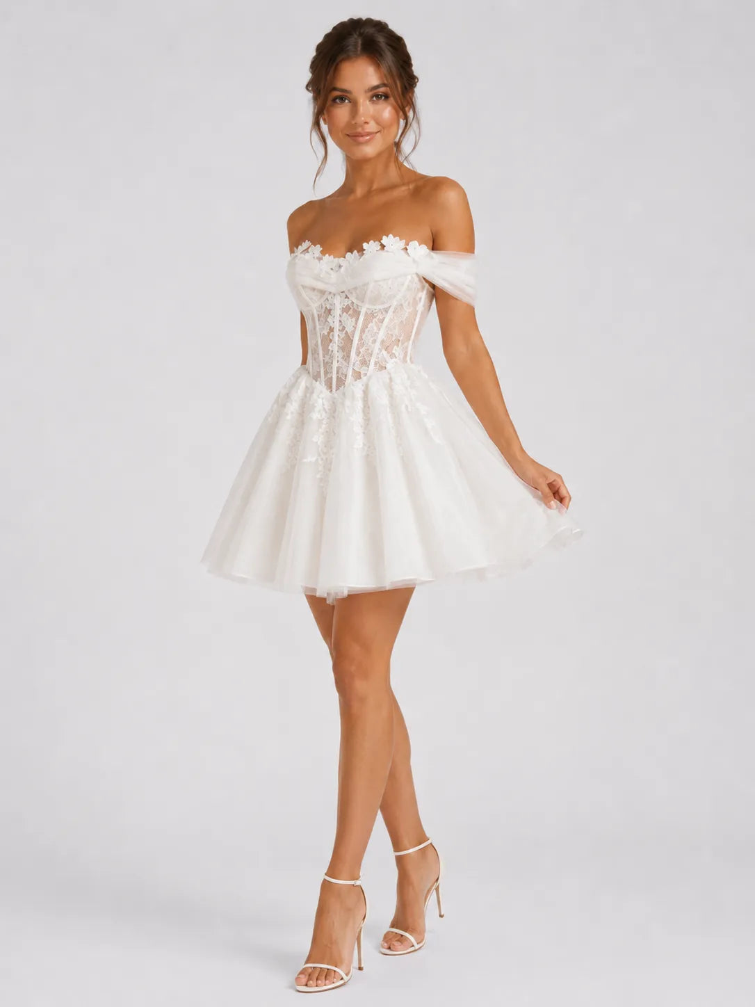Elegant Off-Shoulder Lace Mini Wedding Dress with Floral Appliqués, Lace-Up Back and Tulle Skirt