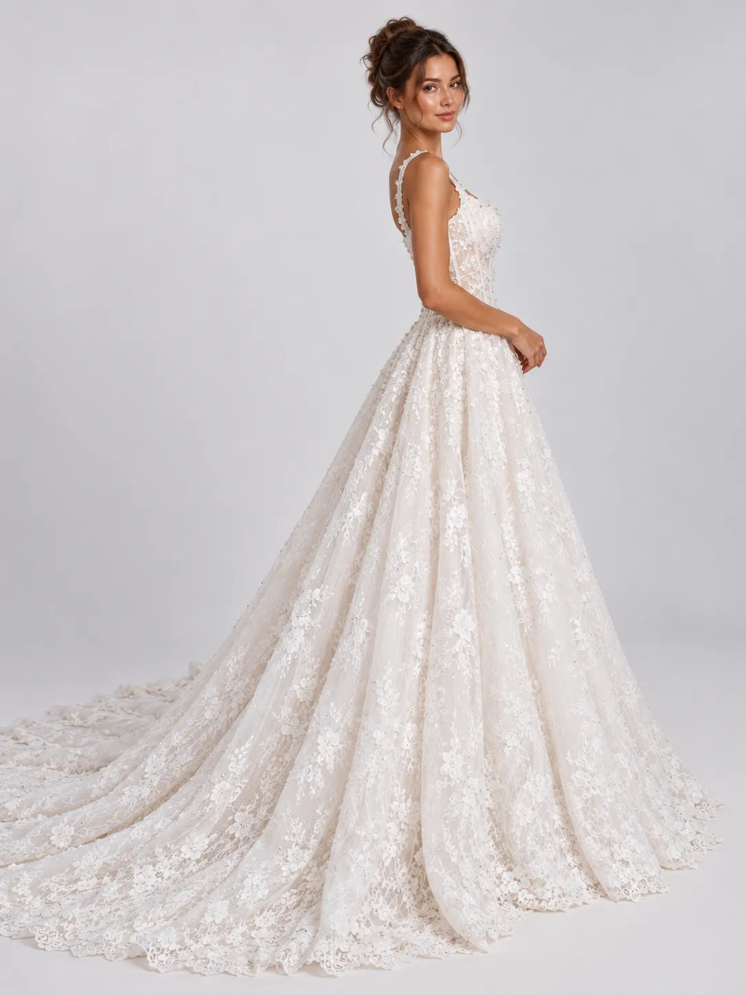 Square Neckline Beaded Lace Applique Ball Gown Wedding Dress