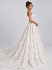 Square Neckline Beaded Lace Applique Ball Gown Wedding Dress