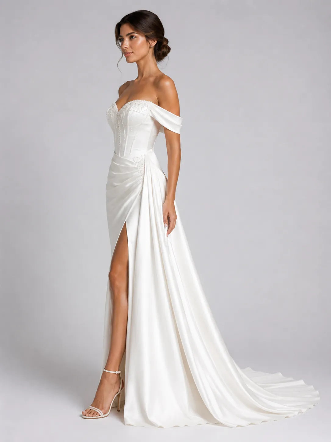 Elegant Off-Shoulder Satin Wedding Dress with Sweetheart Neckline, Side Slit and Chapel Train