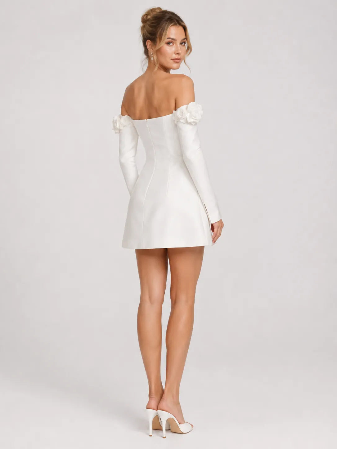 Off-the-Shoulder 3D Floral Long Sleeve A-Line Mini Wedding Dress
