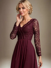 A-line V-Neck Asymmetrical Lace Chiffon Mother of the Bride Dress