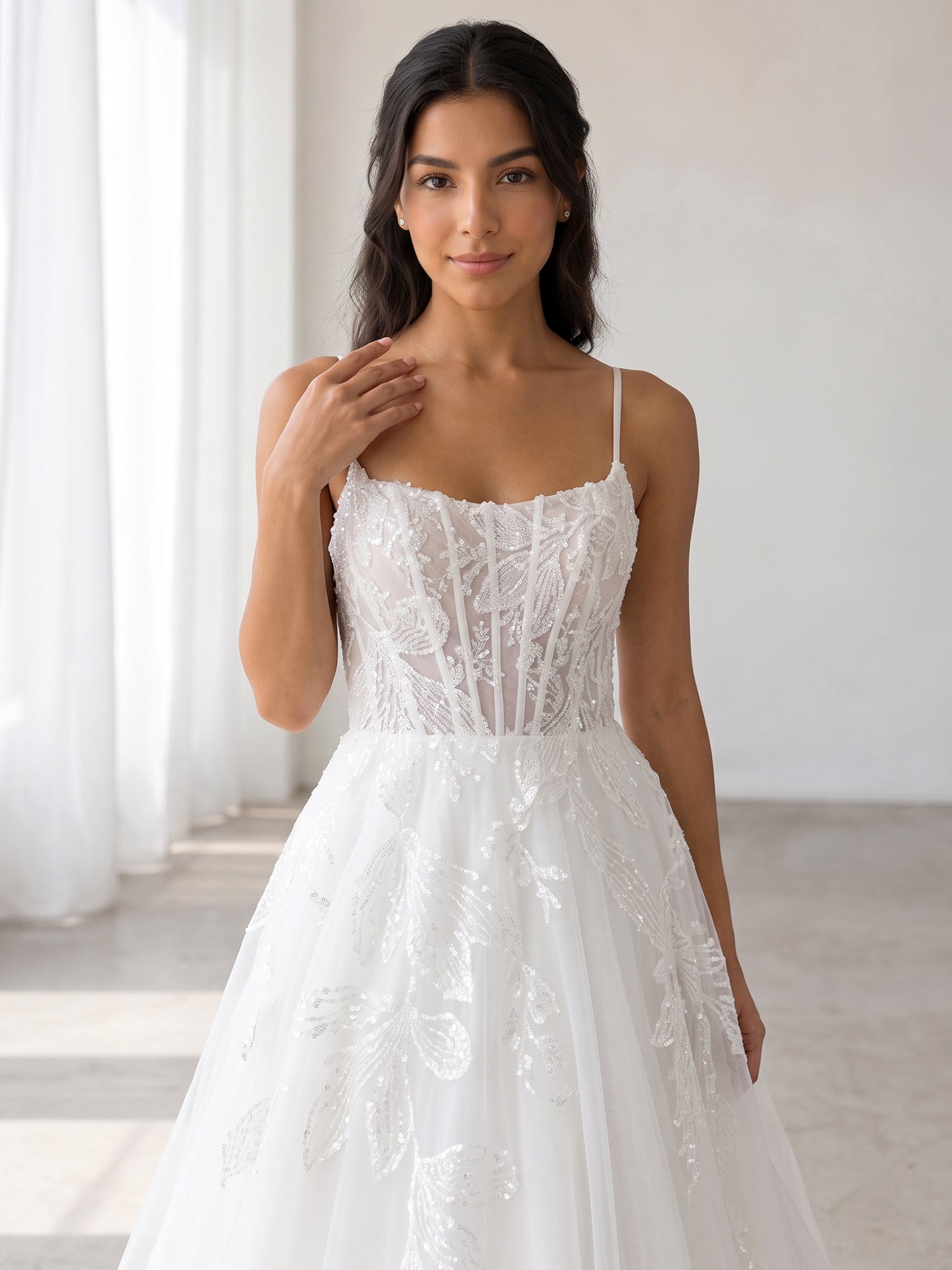 Elegant Spaghetti-Strap White Tulle A-Line Wedding Dresses with Corset and Chapel Train