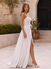 Elegant Strapless A-Line Wedding Dress with Draped Bow Bodice & High Slit