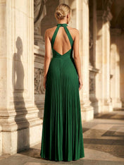 Emerald Green Halter High Neck Pleated Maxi Gown with High Slit and Pockets