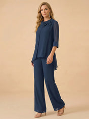 Scoop Neck 3/4 Sleeve Pleated Chiffon Mother of the Bride Pantsuit
