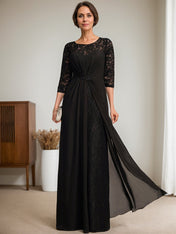 A-Line Scoop Illusion Floor-Length Lace Chiffon Mother Of the Bride Dress With Beading Ruffles