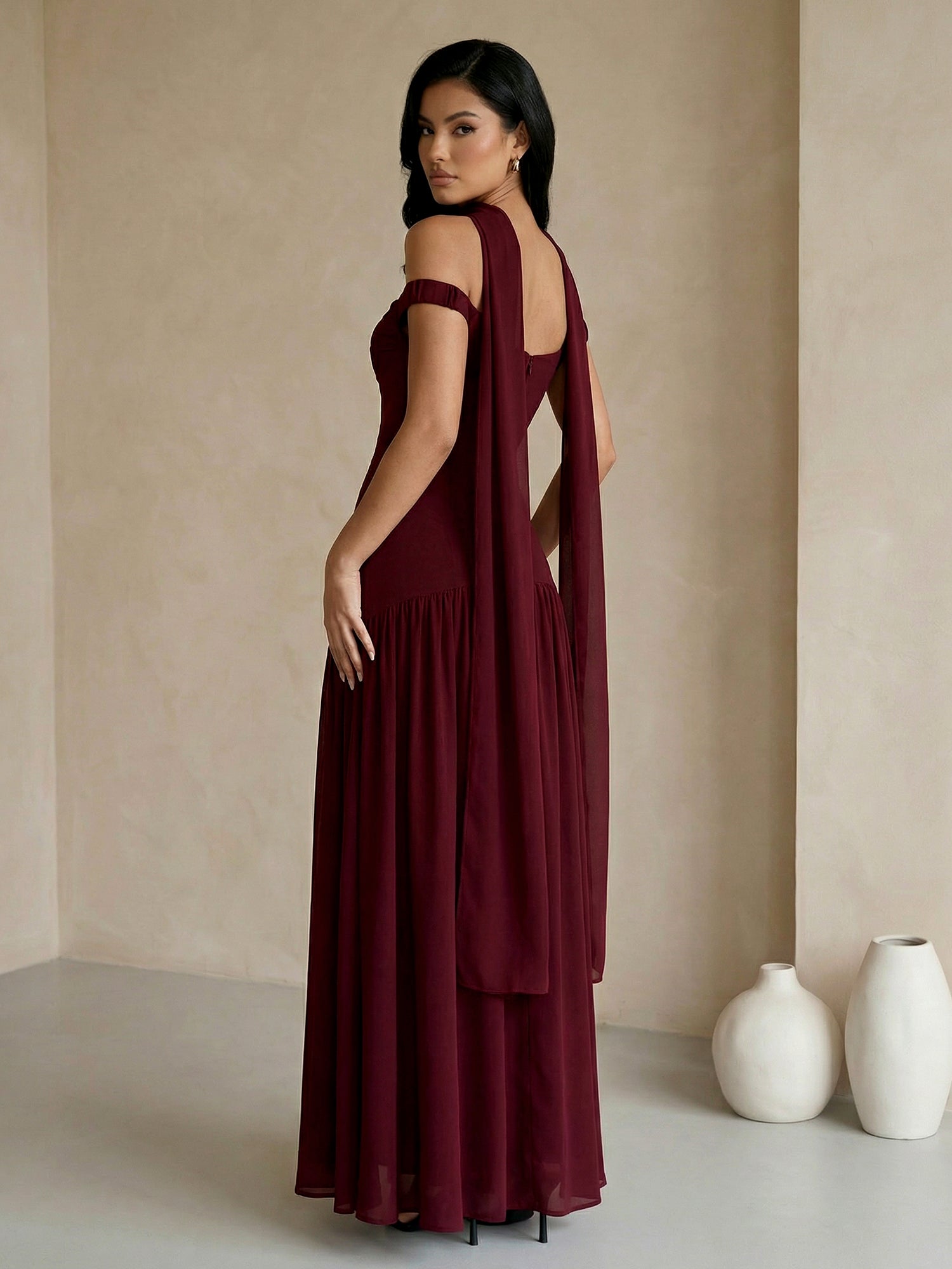 Burgundy Off the Shoulder Maxi Dresses with Scarf A Line Evening Dress