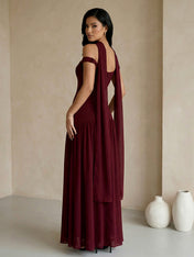 Burgundy Off the Shoulder Maxi Dresses with Scarf A Line Evening Dress