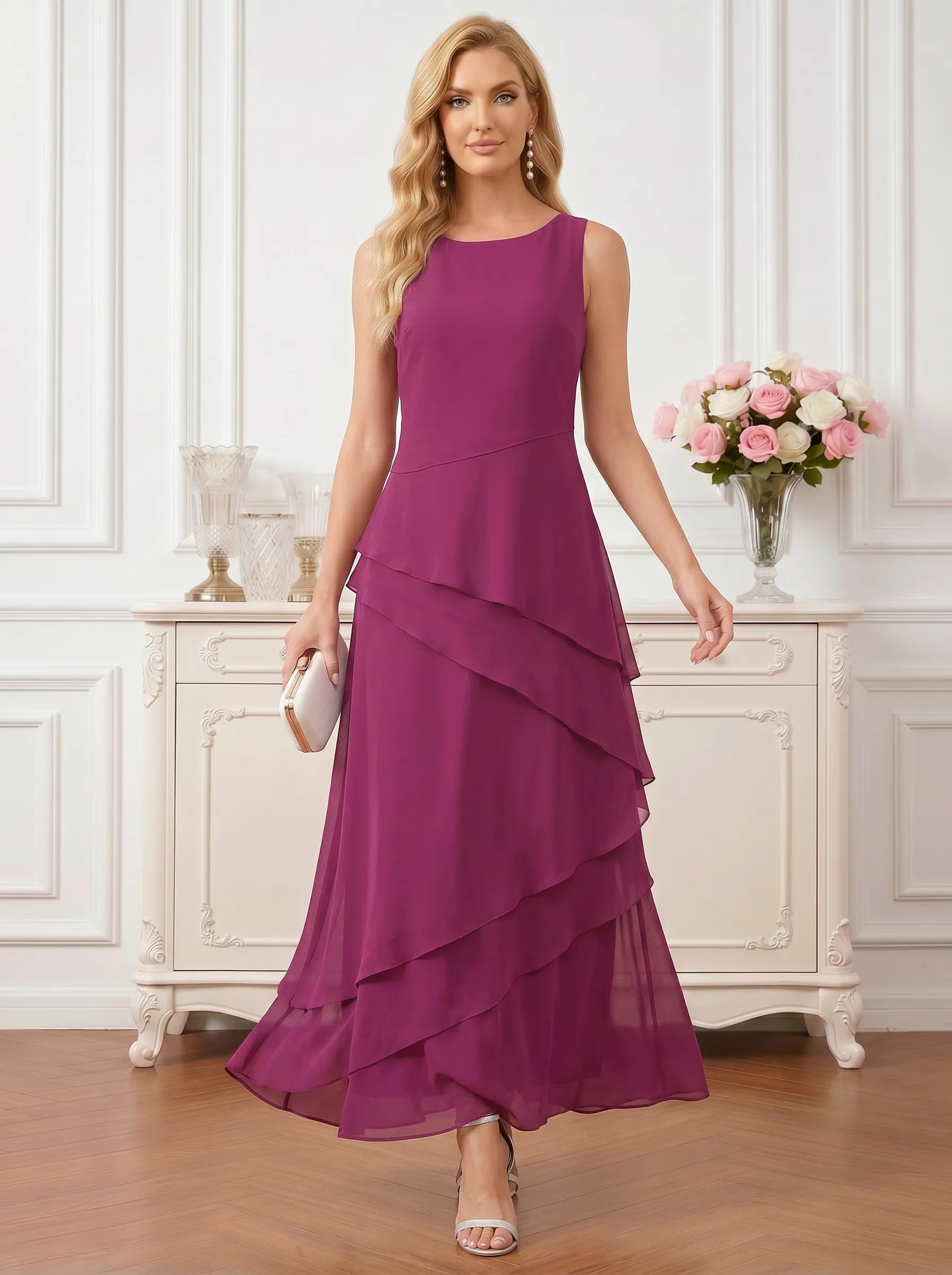 Round Neck Tiered Chiffon A-Line Mother of the Bride Dress with Matching Bolero Jacket