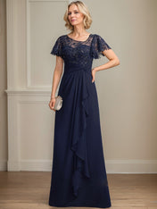 A-line Asymmetrical Illusion Floor-Length Lace Chiffon Mother of the Bride Dress With Cascading Ruffles Sequins