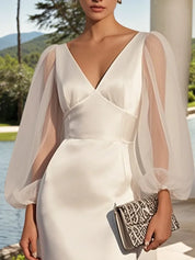White Mesh Floral V Neck Balloon Sleeve Sheath Midi Satin Dress