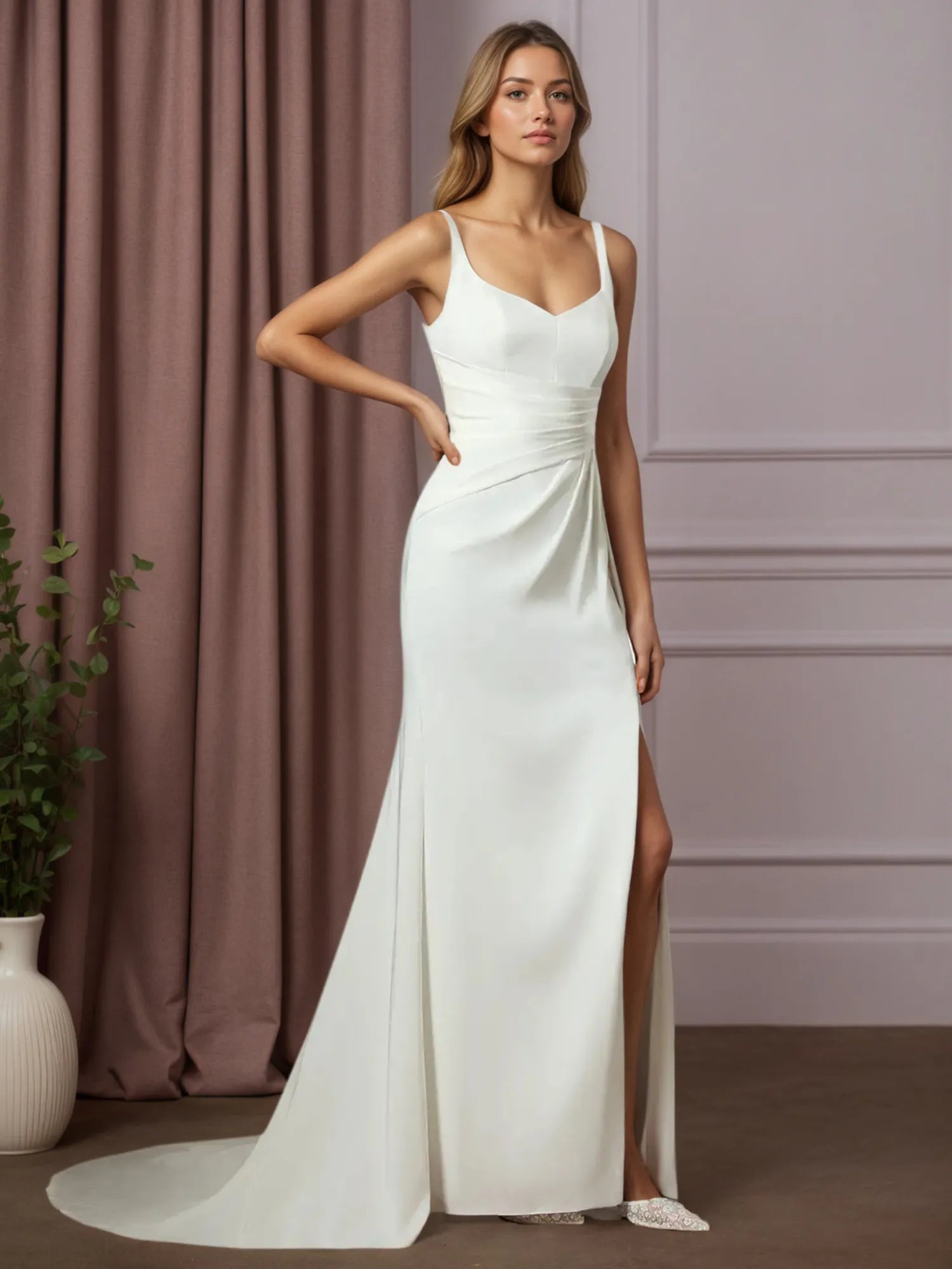 White Mermaid Pleated Crepe Back Satin Wedding Dress