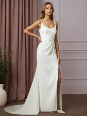 White Mermaid Pleated Crepe Back Satin Wedding Dress