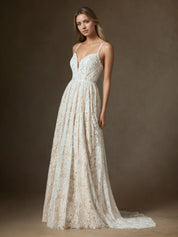 White Champagne A-Line Lace Wedding Dress