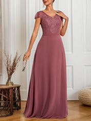 Watermelon Red Lace V Neck Short Sleeve A-Line Maxi Dress