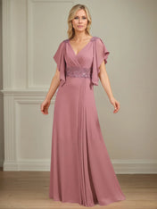 A Line V Neck Appliqued Floor Length Mother of the Bride Dress with Ruffles