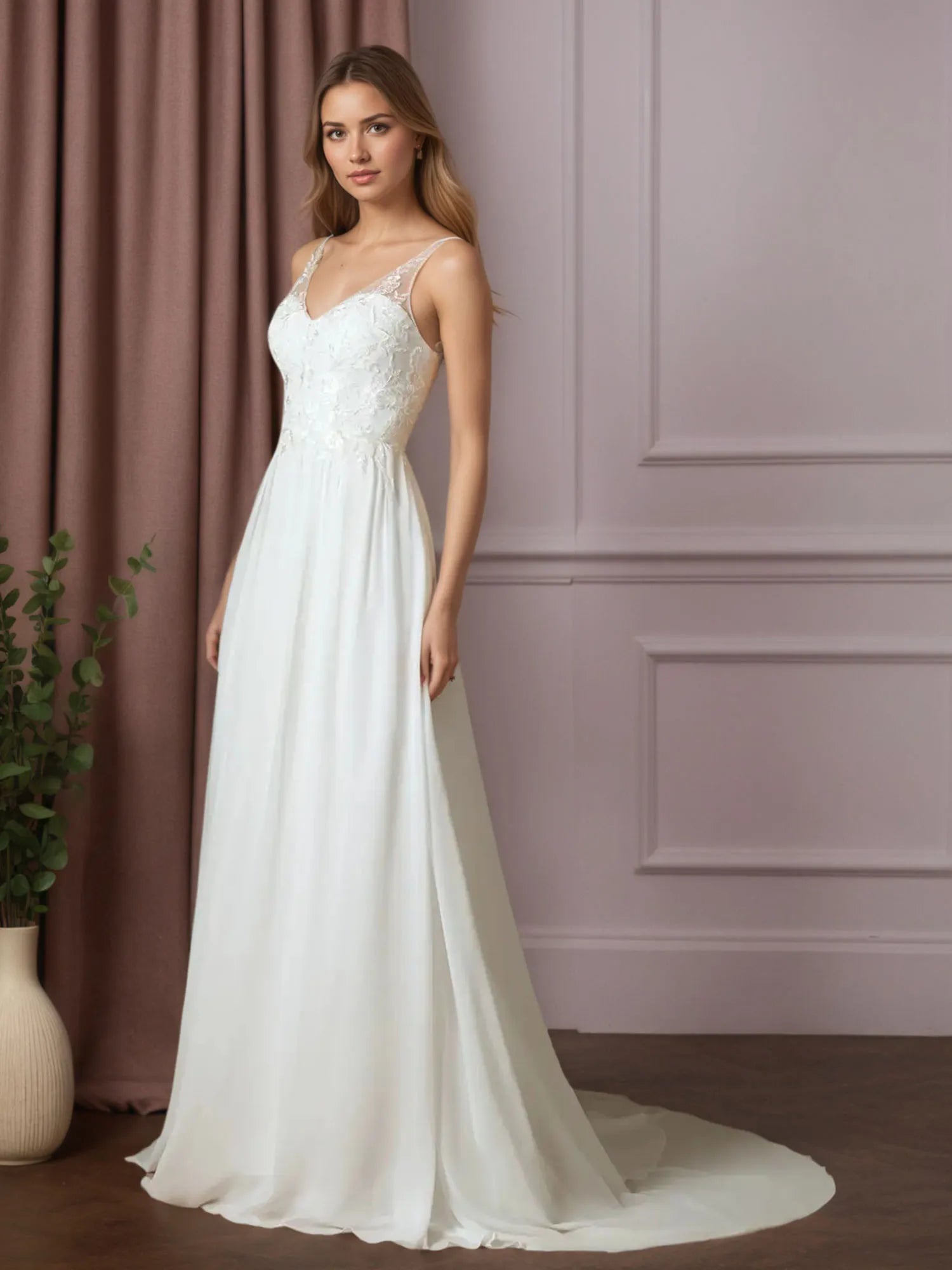 White A-Line Sequins Chiffon Wedding Dress
