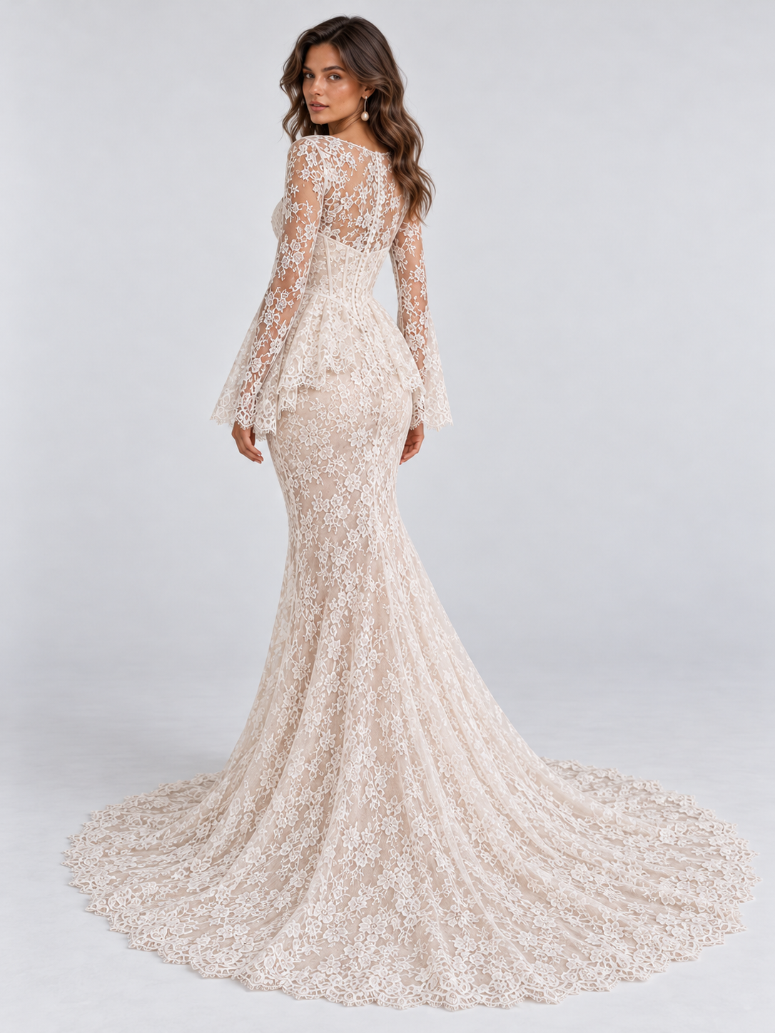 High-Neck Long-Sleeve Lace Mermaid Wedding Dress with Peplum
