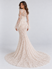 High-Neck Long-Sleeve Lace Mermaid Wedding Dress with Peplum