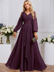 A-line Cold Shoulder V-Neck Floor-Length Chiffon Evening Dress With Cascading Ruffles Beading