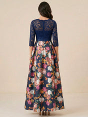 Navy Blue Half Sleeves Applique Two-piece Print Floral Mother of the Brides dress