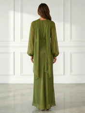 Green Long Sleeves Mermaid Chiffon Maxi Dress with Belt