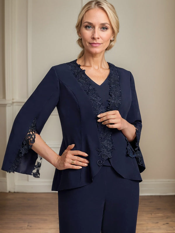 Separates Jumpsuit/Pantsuit V-Neck Floor-Length Chiffon Mother of the Bride Dress