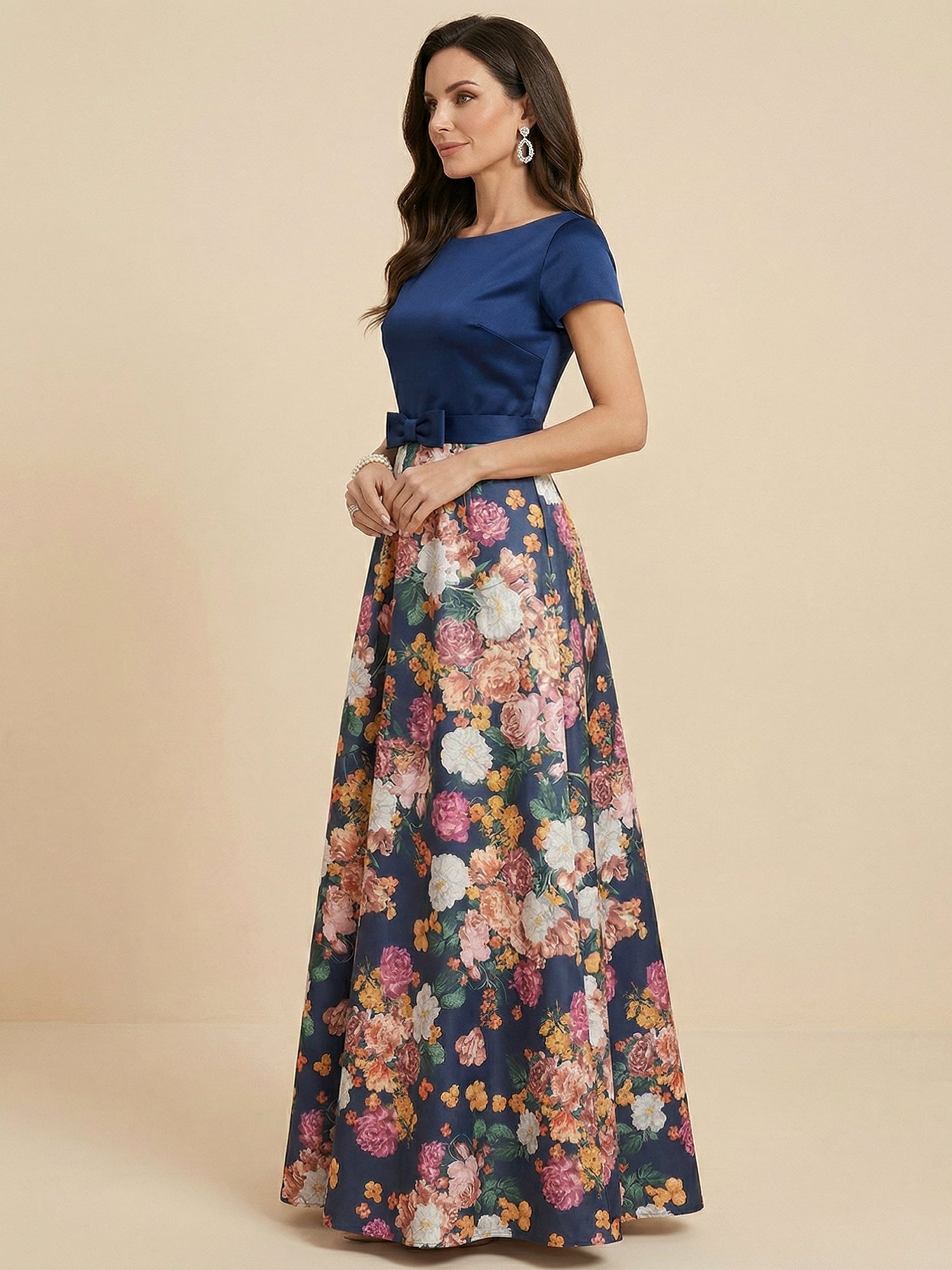 Navy Blue Short Sleeves Satin Two-piece Print Floral Mother of the Brides dress with Bow