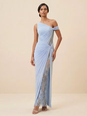 Elegant One-Shoulder Draped Maxi Dress with Lace Slit