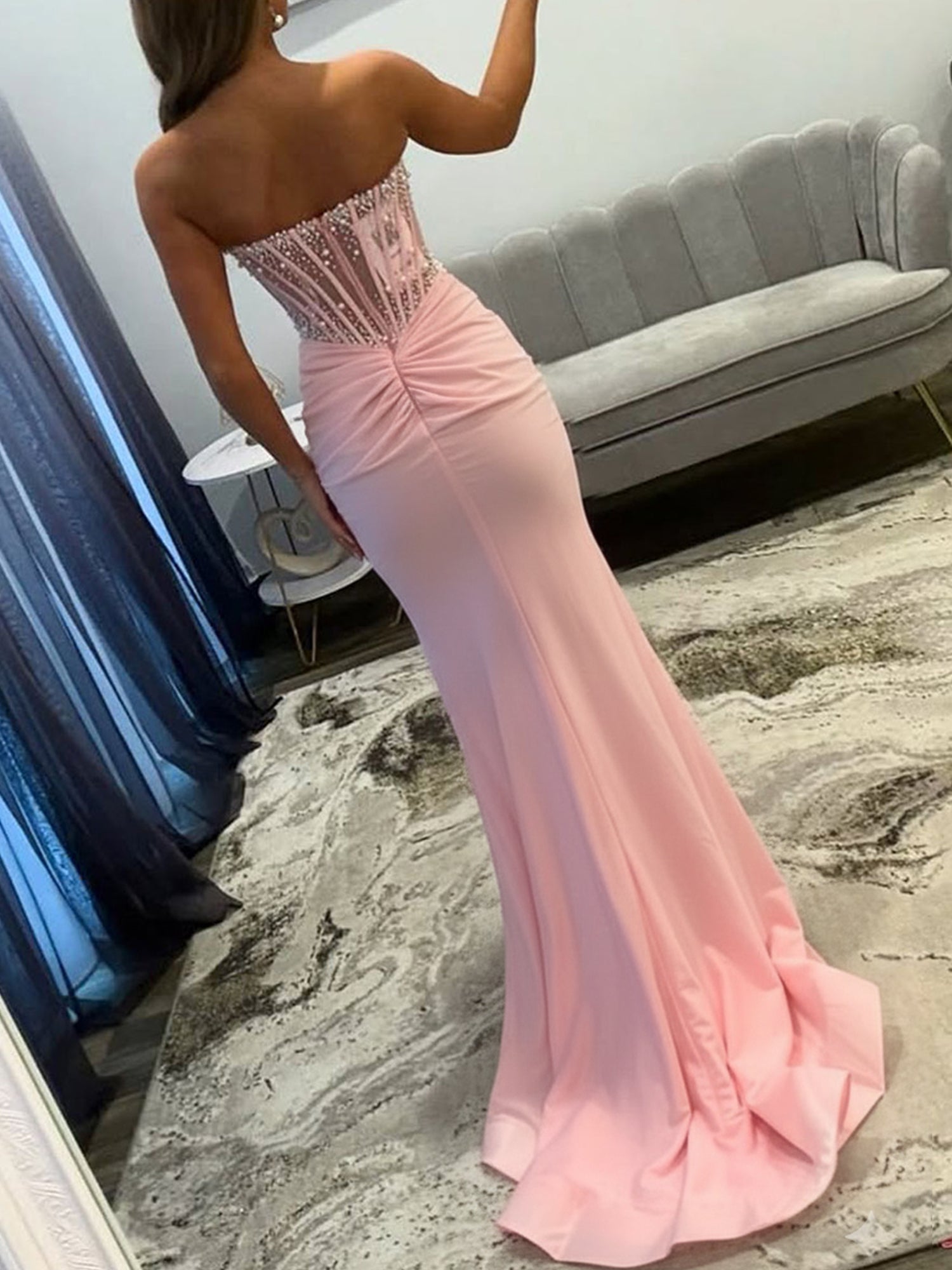 Pink Pearl Beaded Corset Prom Dress with Slit
