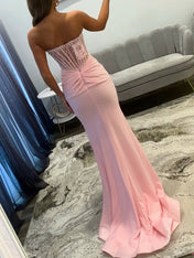 Pink Pearl Beaded Corset Prom Dress with Slit