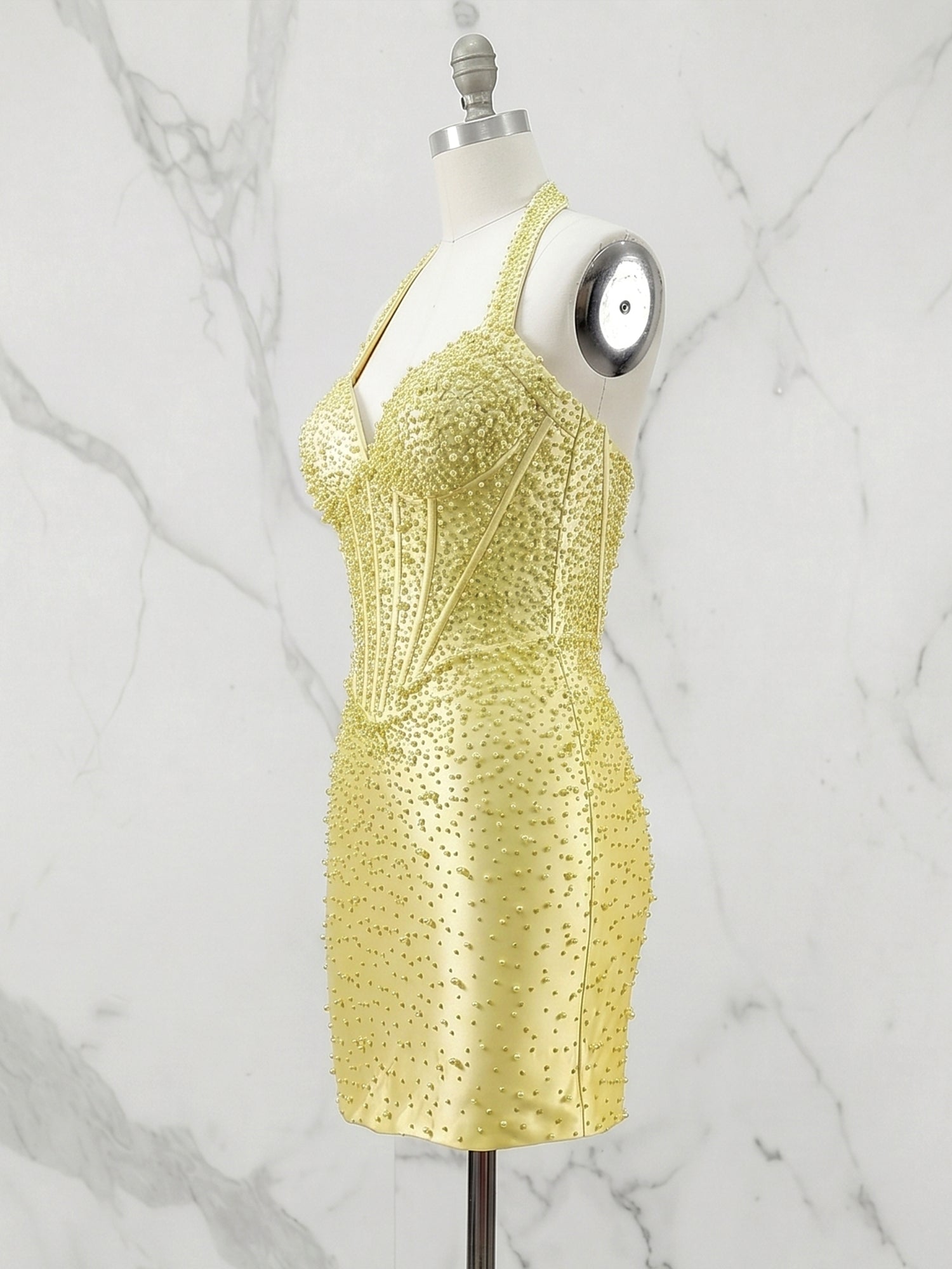 Glamorous Yellow Pearl Beaded Corset Short Homecoming Dress