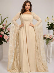 A-line Square Floor-Length Chiffon Lace Evening Dress With Beading Pleated